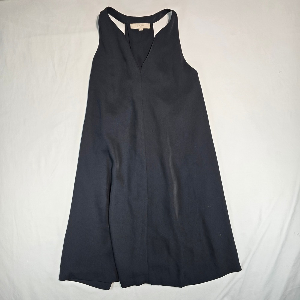 LOFT Ann Taylor Black V-Neck Sleeveless Pleated Racerback Shift Dress XL 407415